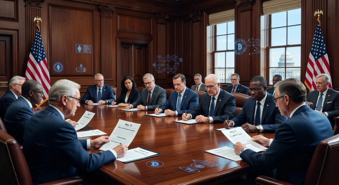 Senate Banking Committee members reviewing the CLARITY Act draft on digital asset regulations in a congressional hearing room.
