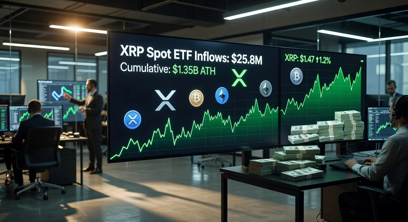 Realistic illustration of XRP ETF inflows with trading charts and cryptocurrency elements for a news article.