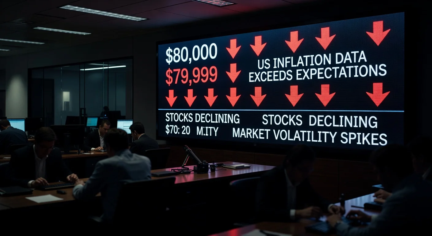 Bitcoin price dropping below 80,000 on a trading screen due to US inflation news