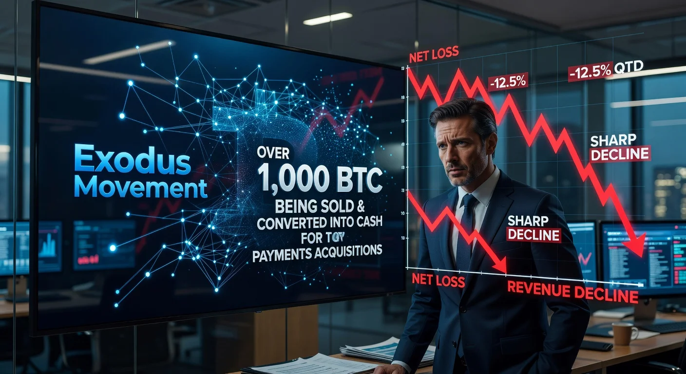 Exodus Movement selling Bitcoin to fund payments amid losses, illustrated with digital finance graphics and declining charts.