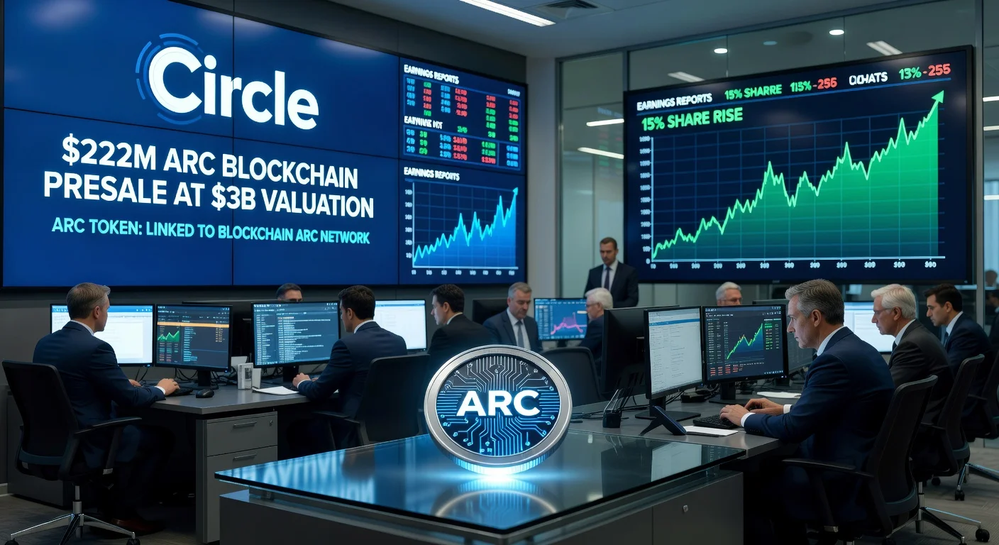 Illustration of Circle's $222M ARC blockchain funding announcement with stock charts and cryptocurrency elements.