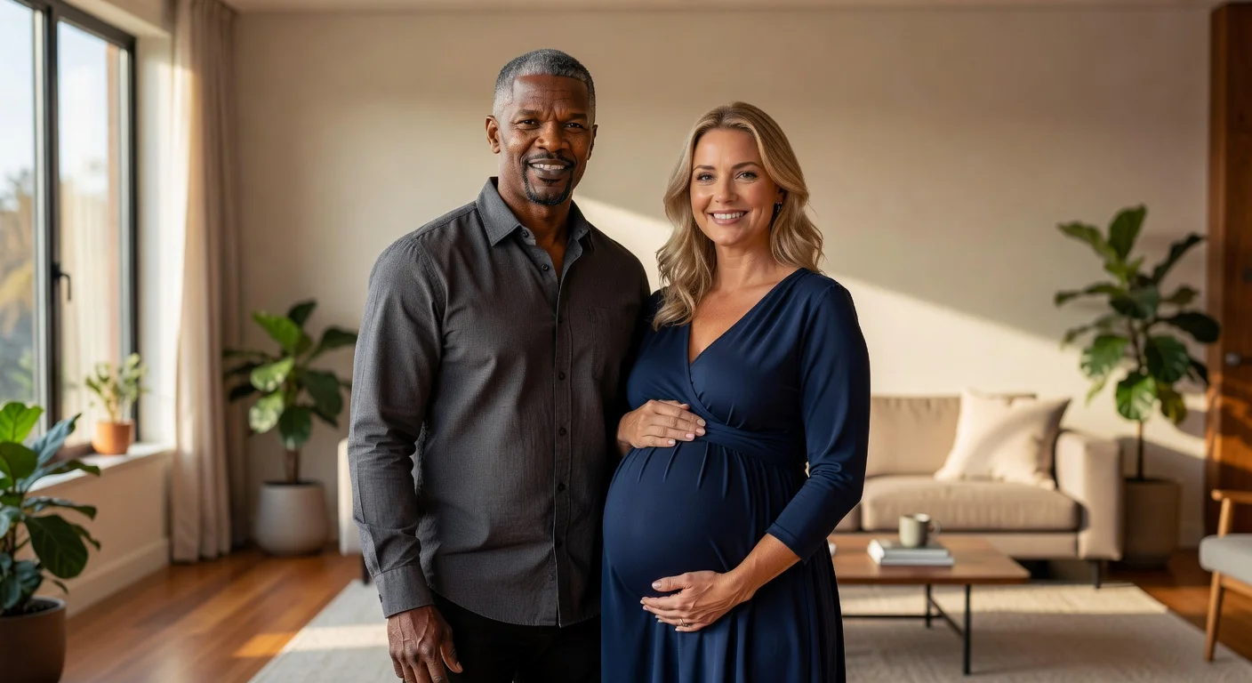 Jamie Foxx and his pregnant girlfriend Alyce Huckstepp smiling together in a living room.