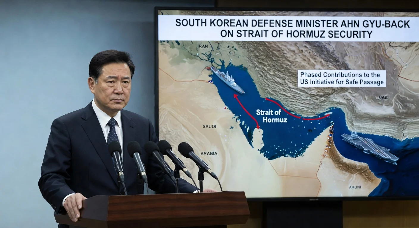 Defense Minister Ahn Gyu-back announcing South Korea's review of contributions to US Strait of Hormuz initiative at a press conference.