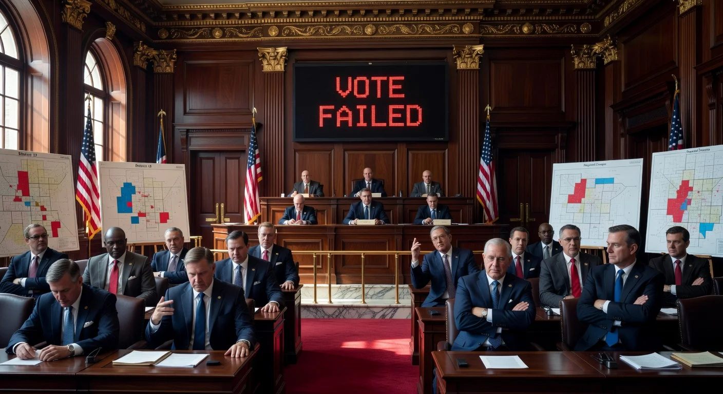A realistic depiction of the South Carolina Senate chamber where lawmakers rejected a redistricting extension, showing a failed vote tally.