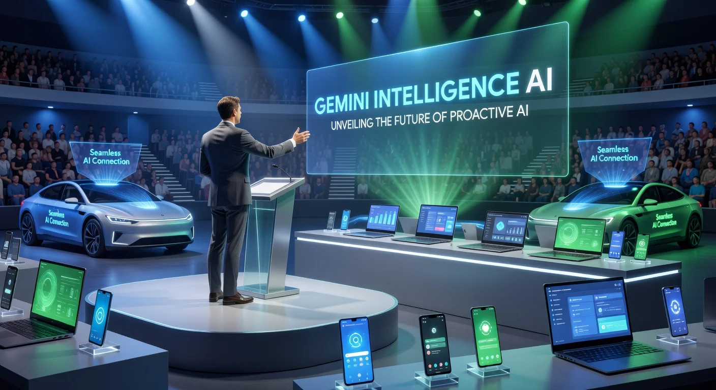 Photorealistic image from Google's Android Show featuring Gemini AI and new Googlebooks laptops with connected devices.