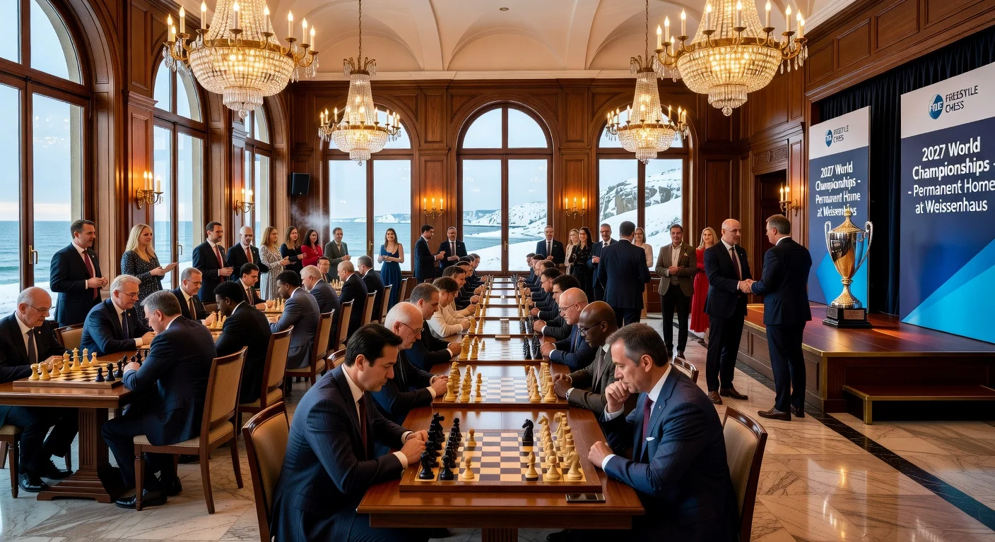 Photorealistic image of Schloss Weissenhaus grand hall set for the 2027 FIDE Freestyle Chess World Championships, with players competing amid winter Baltic Sea views.