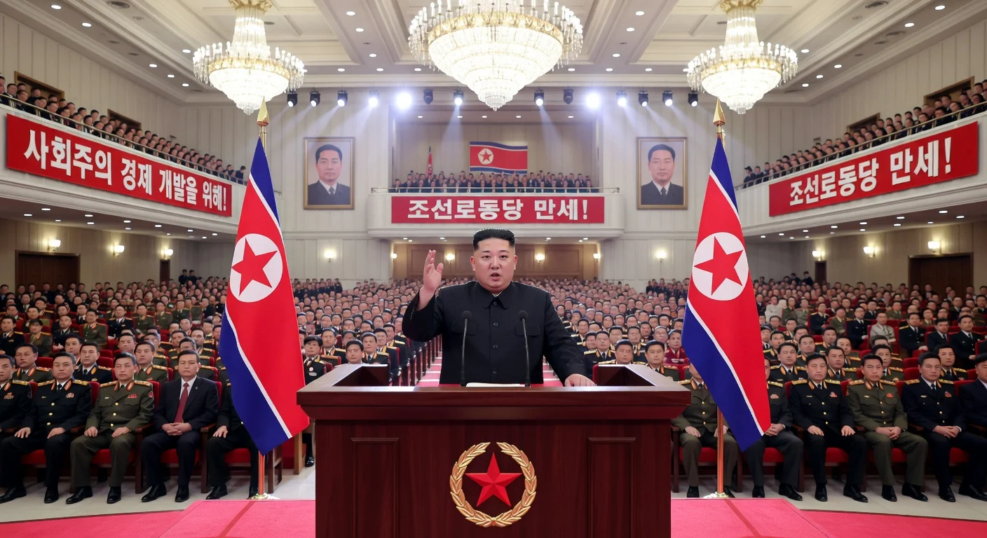 Kim Jong-un speaks at the podium during the opening of North Korea's Ninth Workers' Party Congress in Pyongyang, surrounded by delegates and party banners.