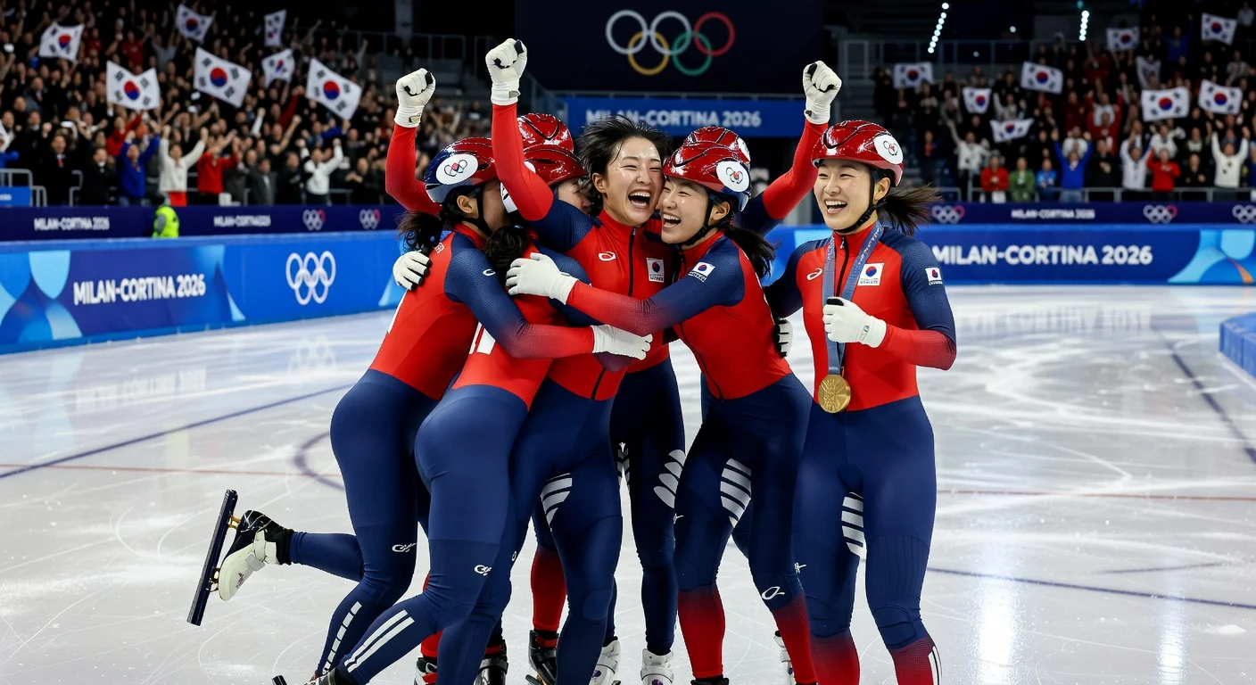South Korean women's short track relay team celebrates Olympic gold; anchor Kim Gil-li shows relief amid teammates.