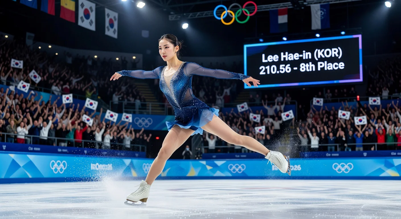 South Korea's Lee Hae-in performs her free skate routine at the 2026 Milan Winter Olympics women's figure skating event, securing 8th place with a season-best score.