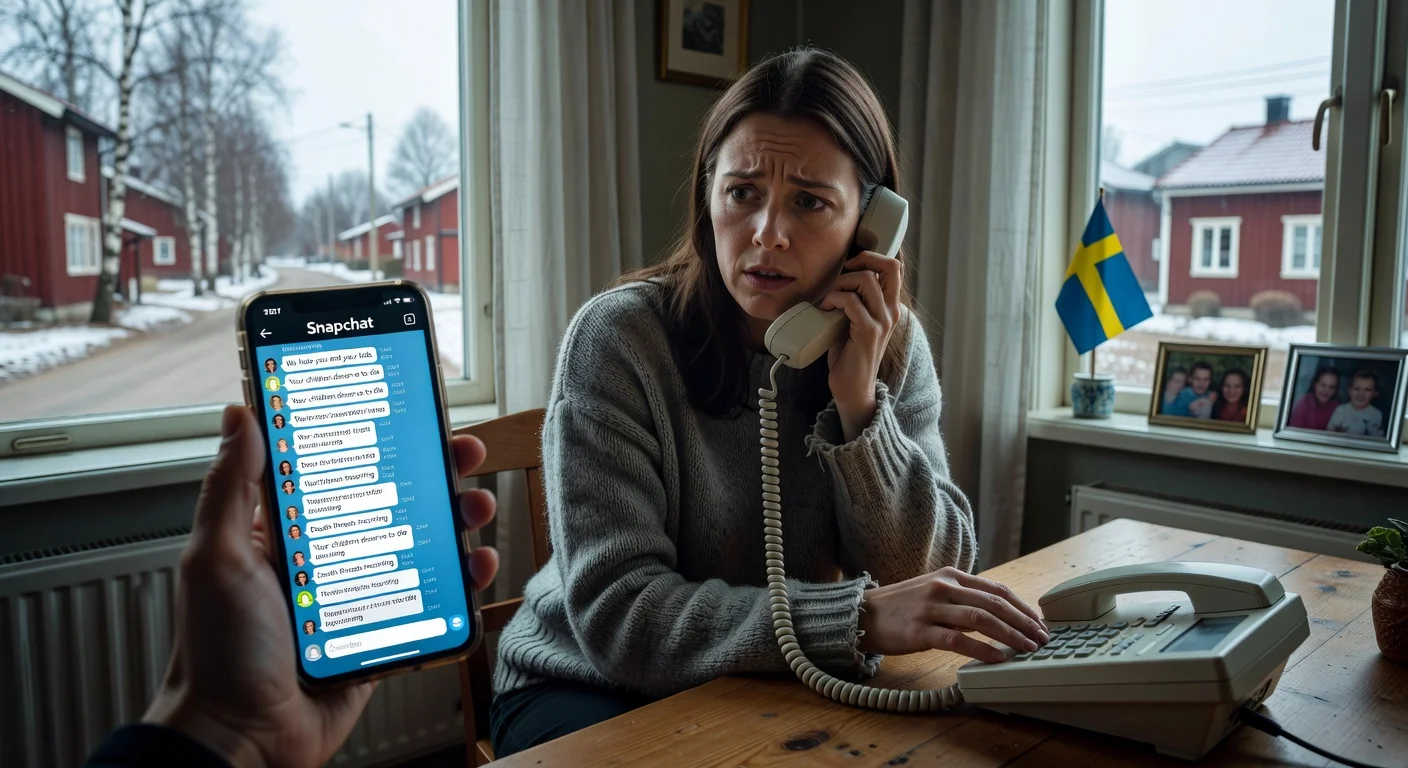 A concerned mother viewing threatening Snapchat messages on her phone while contacting police, illustrating a story about hate in children's chat groups.