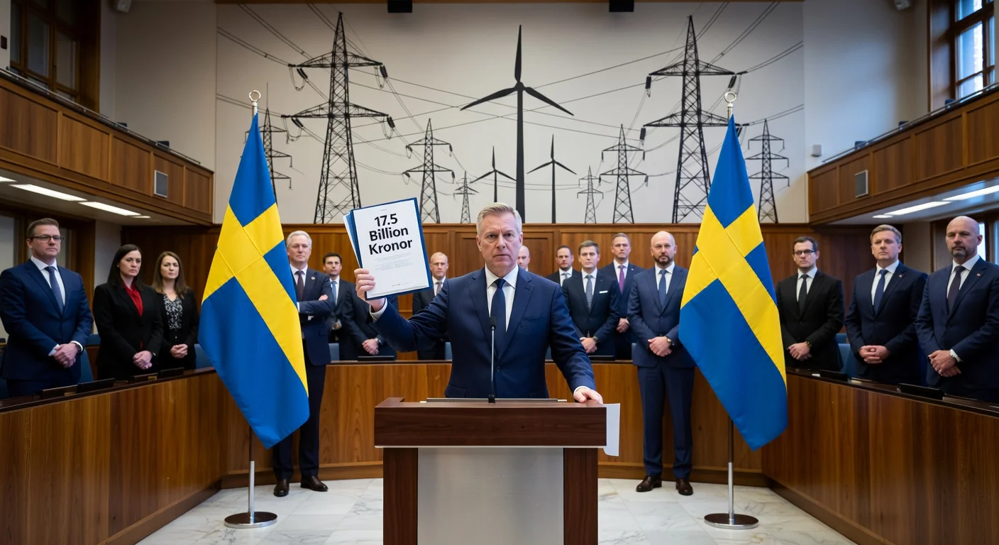 A photorealistic illustration of Swedish government officials announcing an energy crisis package in parliament.