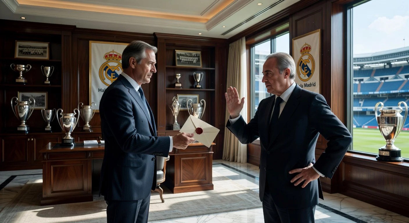 Enrique Riquelme handing a letter to Florentino Pérez regarding Real Madrid presidency election