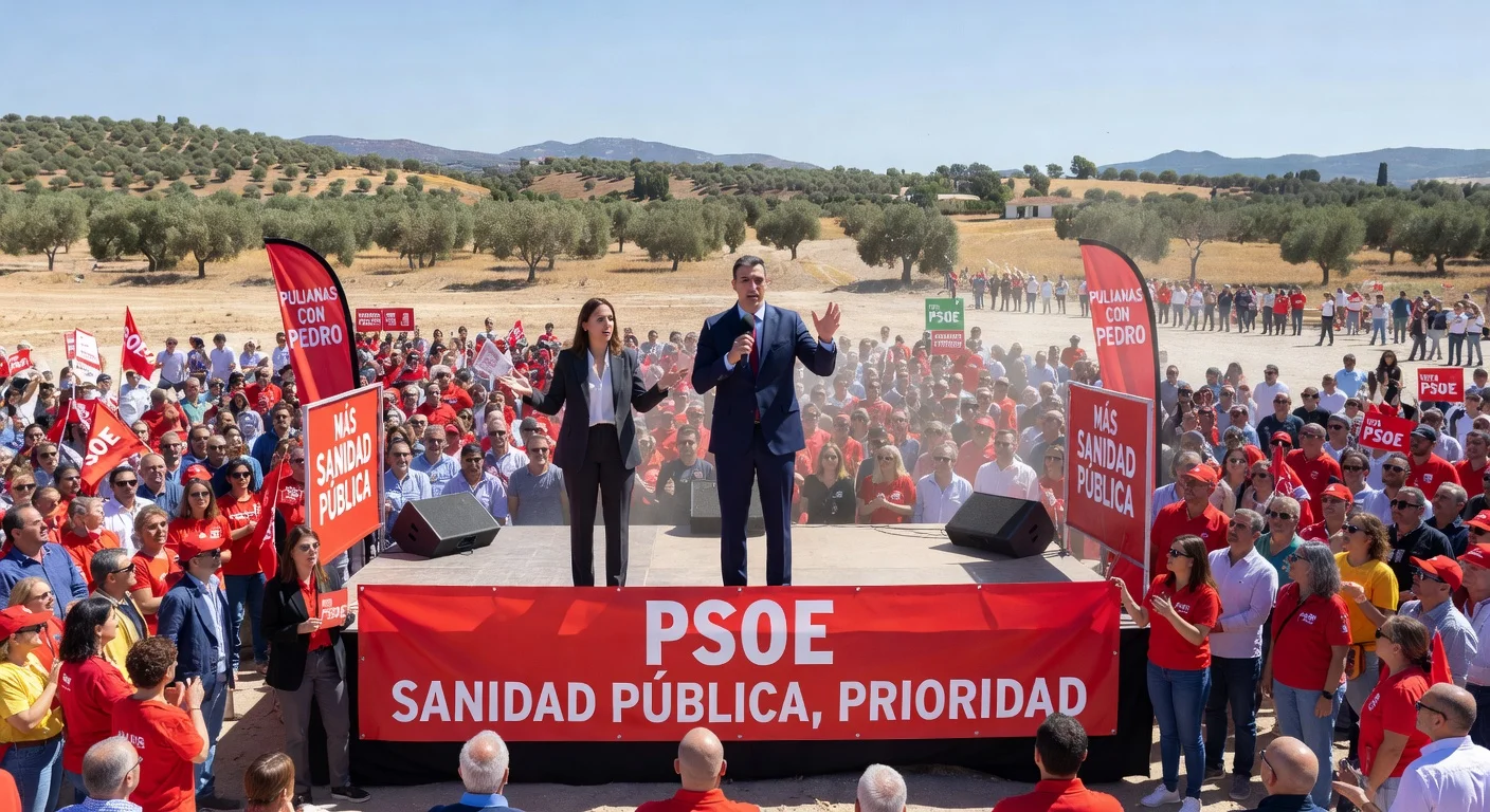 Pedro Sánchez and María Jesús Montero speaking at a political rally in Pulianas, Granada, with a large crowd of supporters.