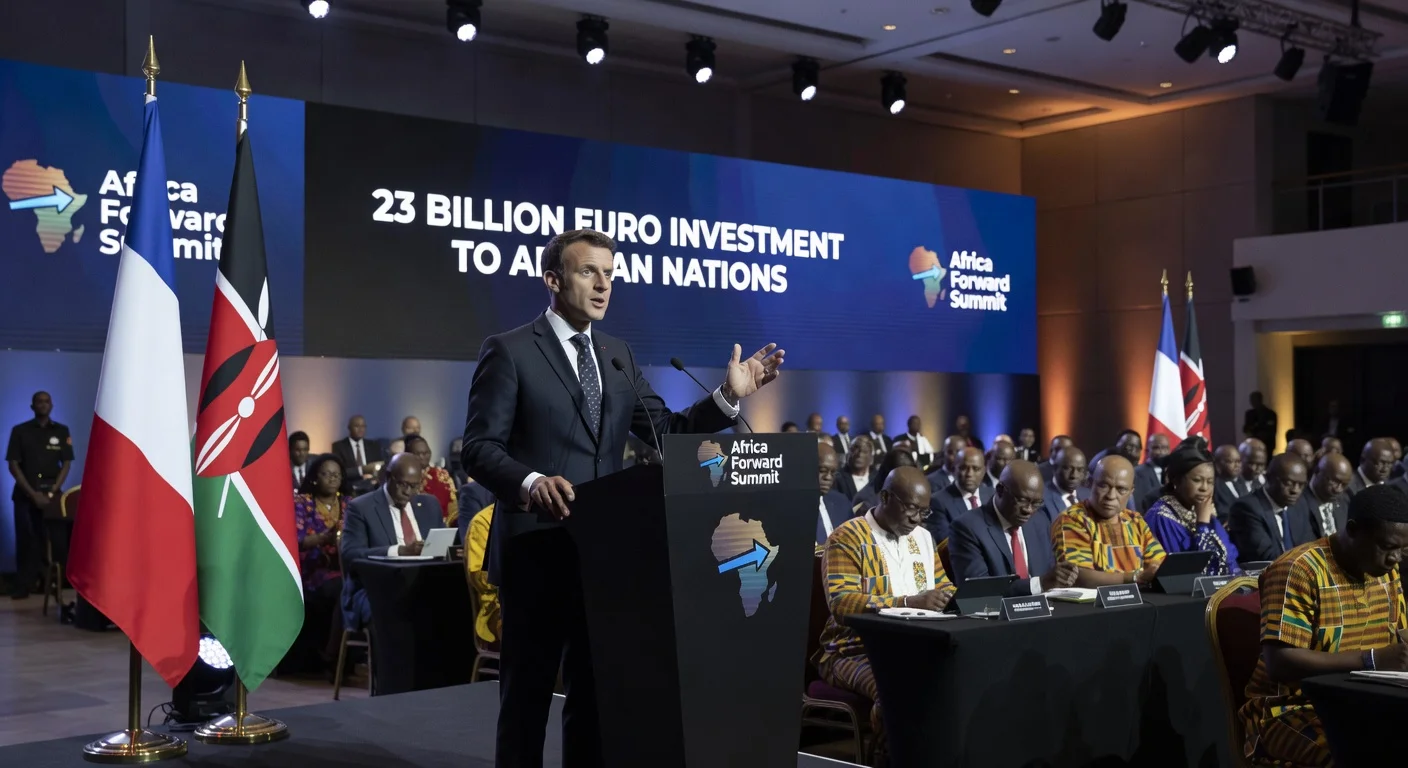 French President Emmanuel Macron announcing a major investment at the Africa Forward summit in Nairobi.