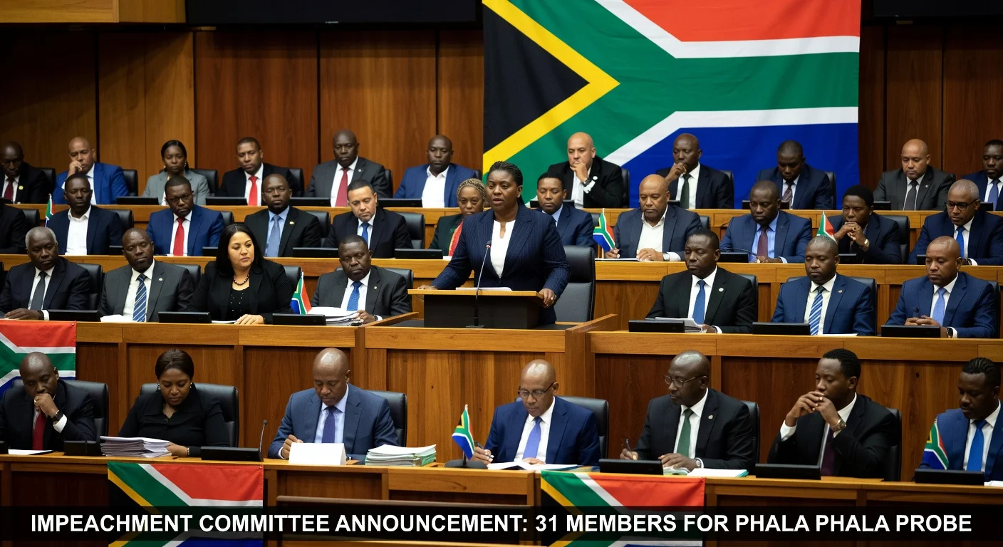 Illustration of South African parliament forming impeachment committee for President Ramaphosa