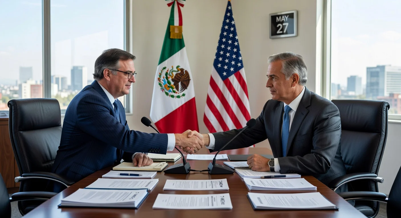 Illustration of Mexican and US officials meeting to discuss T-MEC review in Mexico City on May 27.