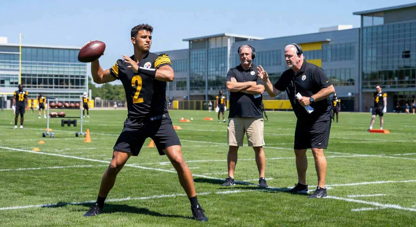 Realistic photo of Steelers rookie Drew Allar practicing throwing mechanics with coaches at minicamp