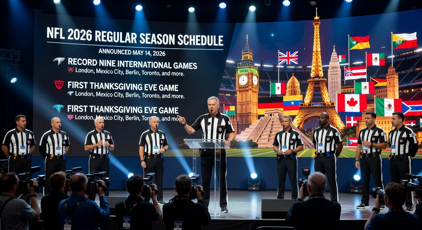 Illustration of NFL 2026 schedule announcement highlighting international games and Thanksgiving Eve matchup