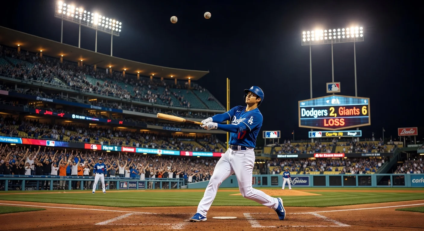 Shohei Ohtani hits a home run during a Dodgers versus Giants baseball game at Dodger Stadium.