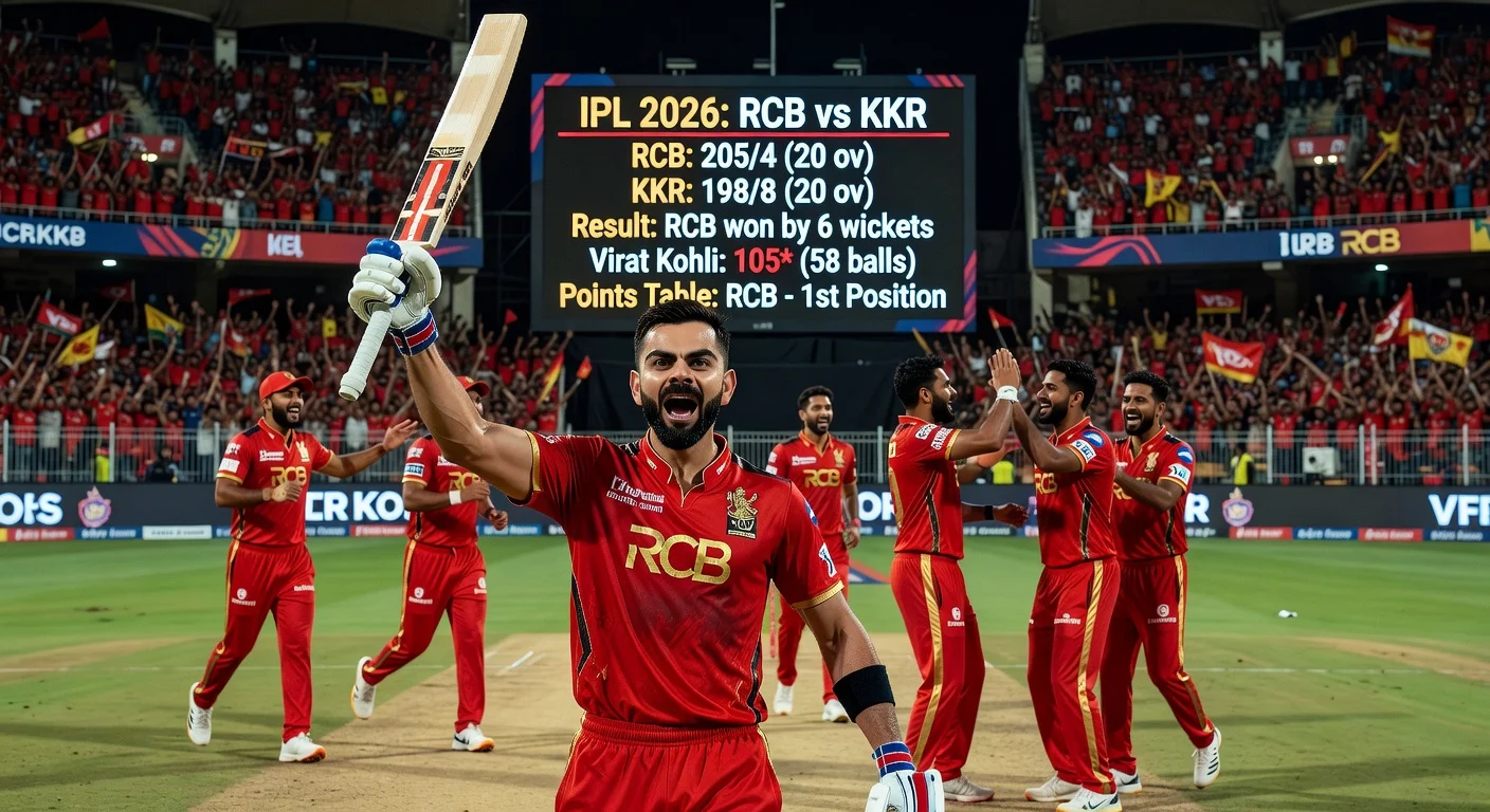 Virat Kohli celebrating his century for RCB in IPL 2026 match win against KKR