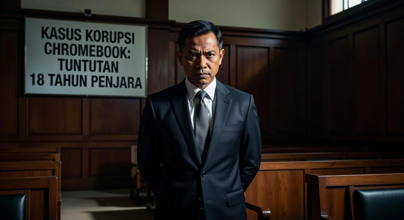 Former minister Nadiem Makarim in a courtroom looking resolute after a corruption hearing.