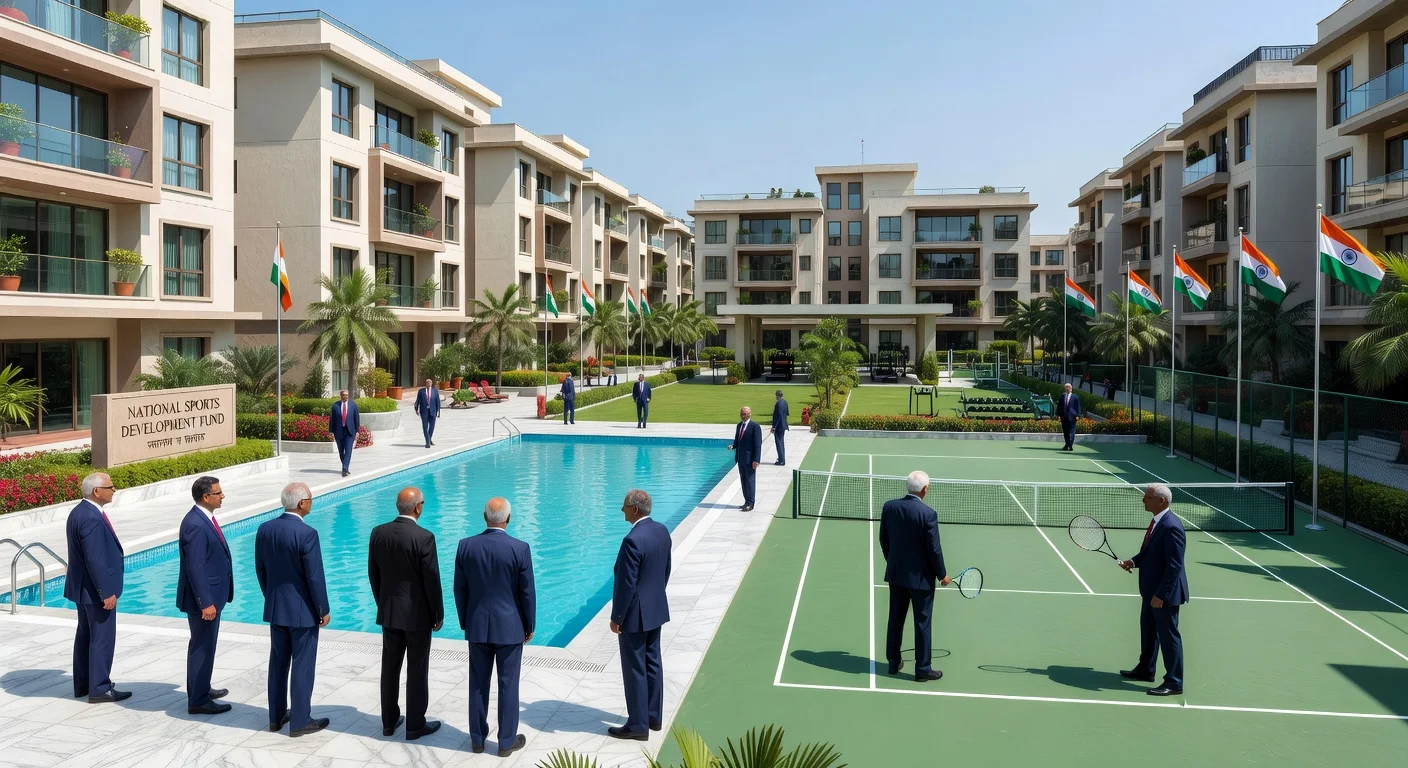 Illustration of a New Delhi bureaucratic residential complex with sports facilities funded by the national sports fund.