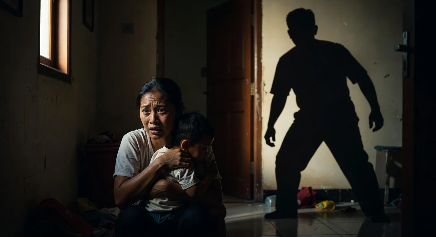 Illustration of a woman and child in distress with a shadowy figure, representing alleged domestic violence case in news.