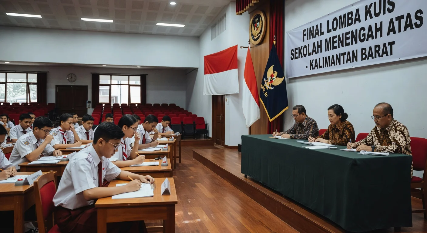 Illustration of high school students competing in a quiz with independent judges overseeing the event in West Kalimantan.