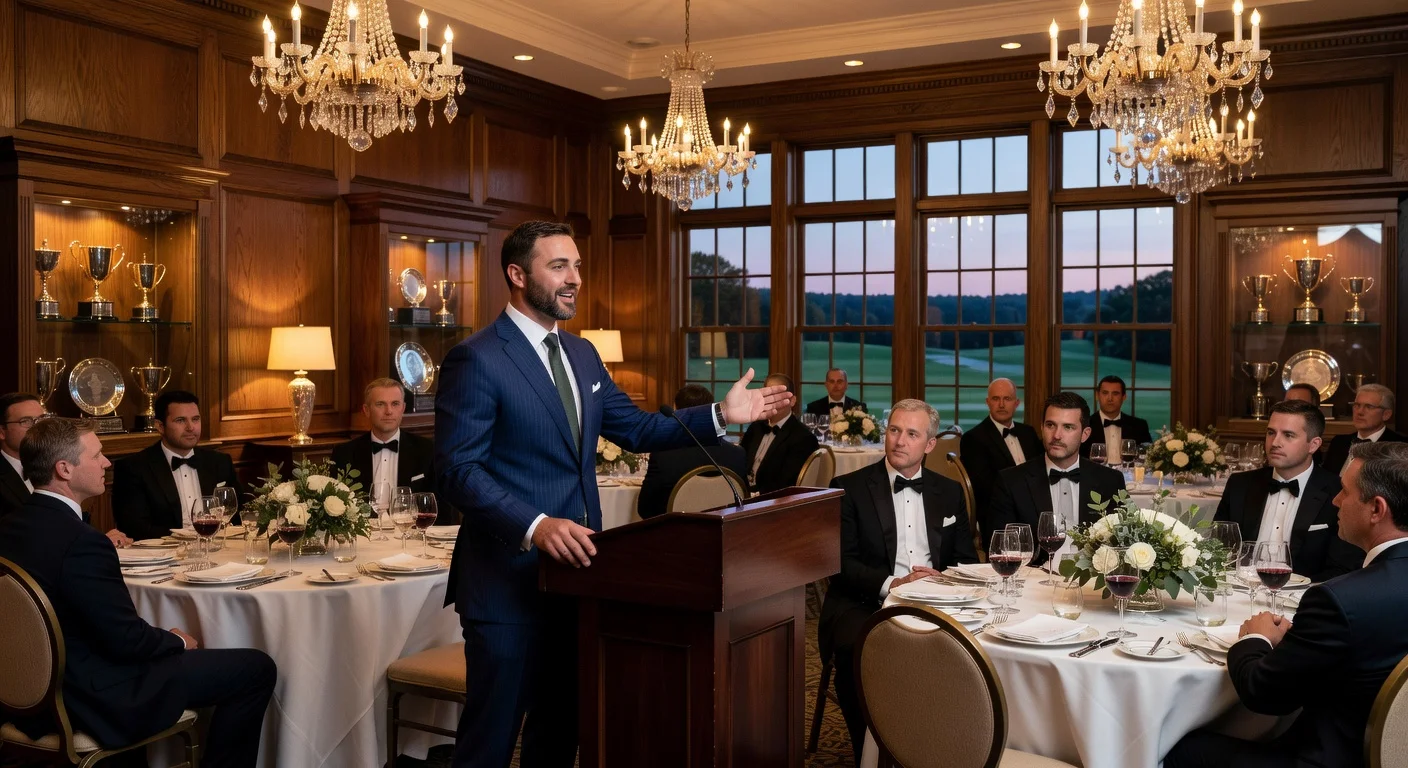Scottie Scheffler speaking at the PGA Champions Dinner at Aronimink Golf Club with fellow golfers listening.