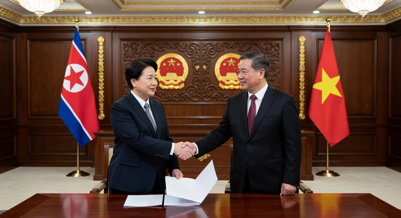 Foreign ministers from North Korea and Vietnam shaking hands in Pyongyang to agree on advancing bilateral cooperation.