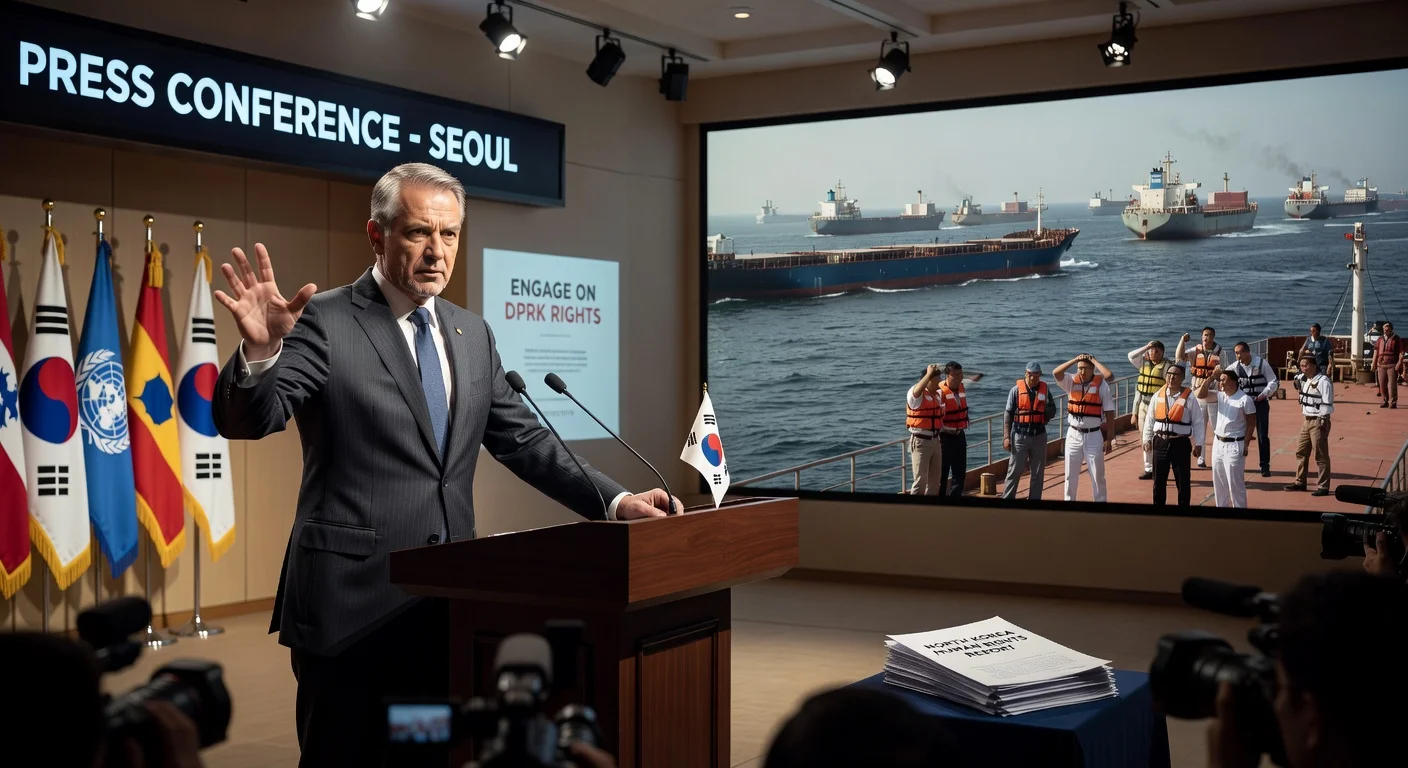 UN human rights chief Volker Turk at a press conference in Seoul, with background showing stranded ships in the Strait of Hormuz and references to North Korea.