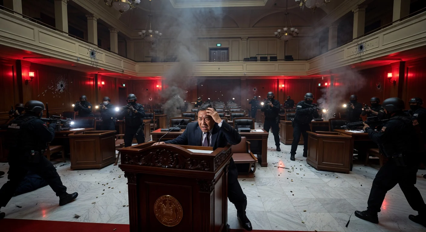 Dramatic photorealistic scene of gunshots in the senate building with Senator Bato Dela Rosa seeking refuge.