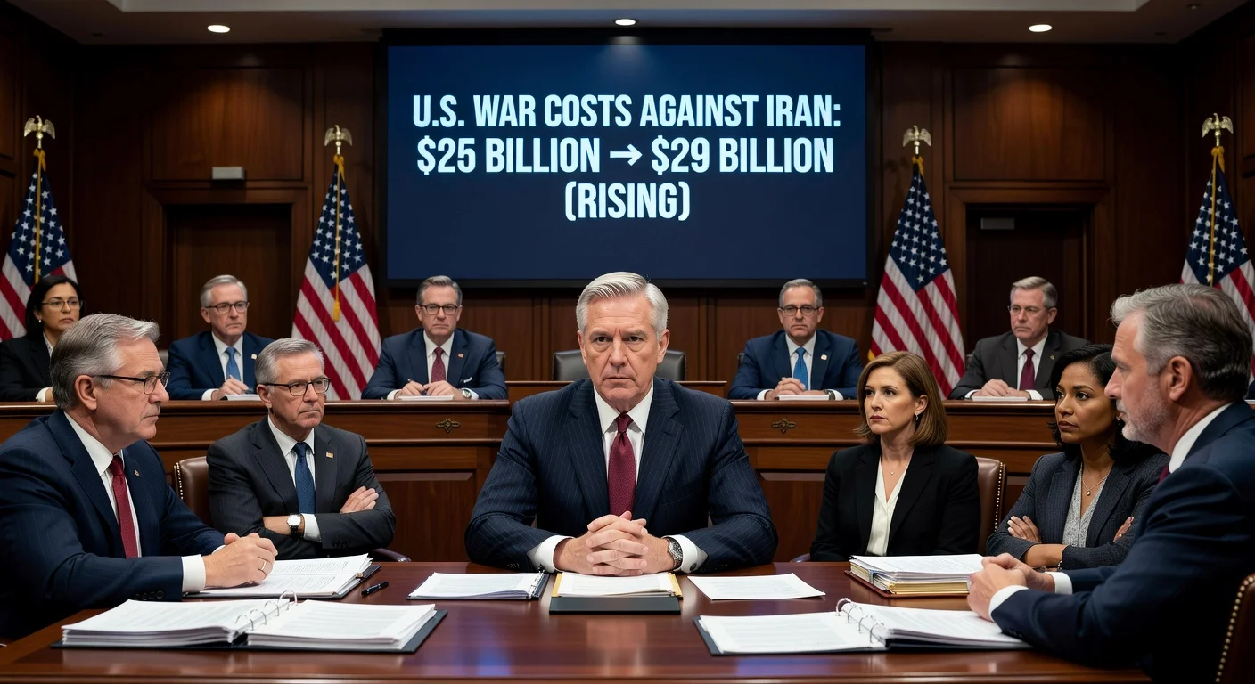 Photorealistic depiction of Defense Secretary Pete Hegseth questioned in Congress about Iran war costs rising to $29 billion.