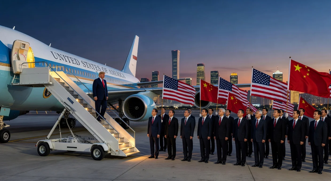 Donald Trump descending Air Force One stairs in Beijing evening arrival, greeted by officials with American and Chinese flags visible.