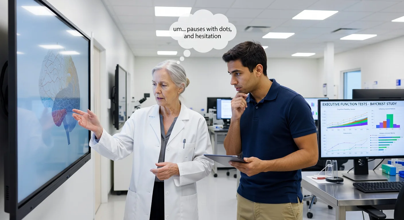 Elderly woman describing a picture in a lab with speech pauses indicated, related to cognitive study
