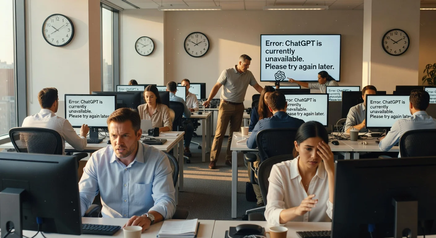Illustration of frustrated office workers during a ChatGPT service outage on Wednesday afternoon.