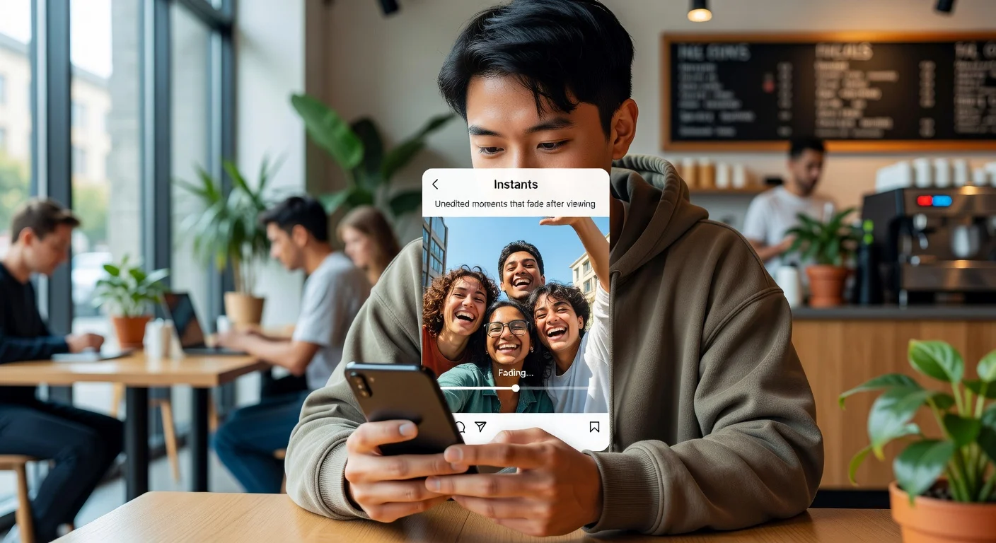 A realistic depiction of Instagram's new Instants feature showing a photo fading away on a smartphone screen.
