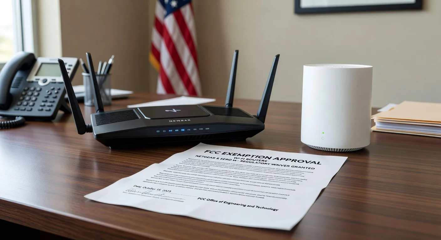 Netgear and Eero Wi-Fi routers displayed with an FCC exemption document in a professional office setting.
