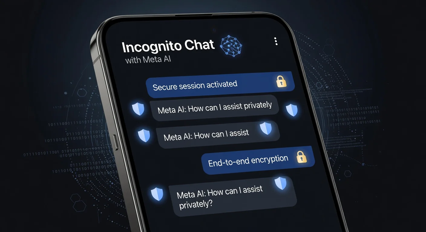 Smartphone screen showing WhatsApp Incognito Chat with AI, featuring encryption locks and privacy icons for a news article illustration.
