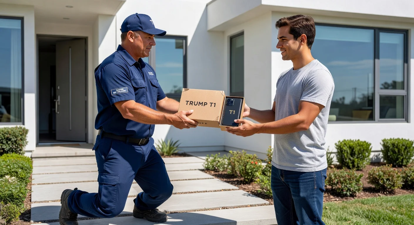A delivery courier handing over a Trump Mobile T1 smartphone package to a customer at home.