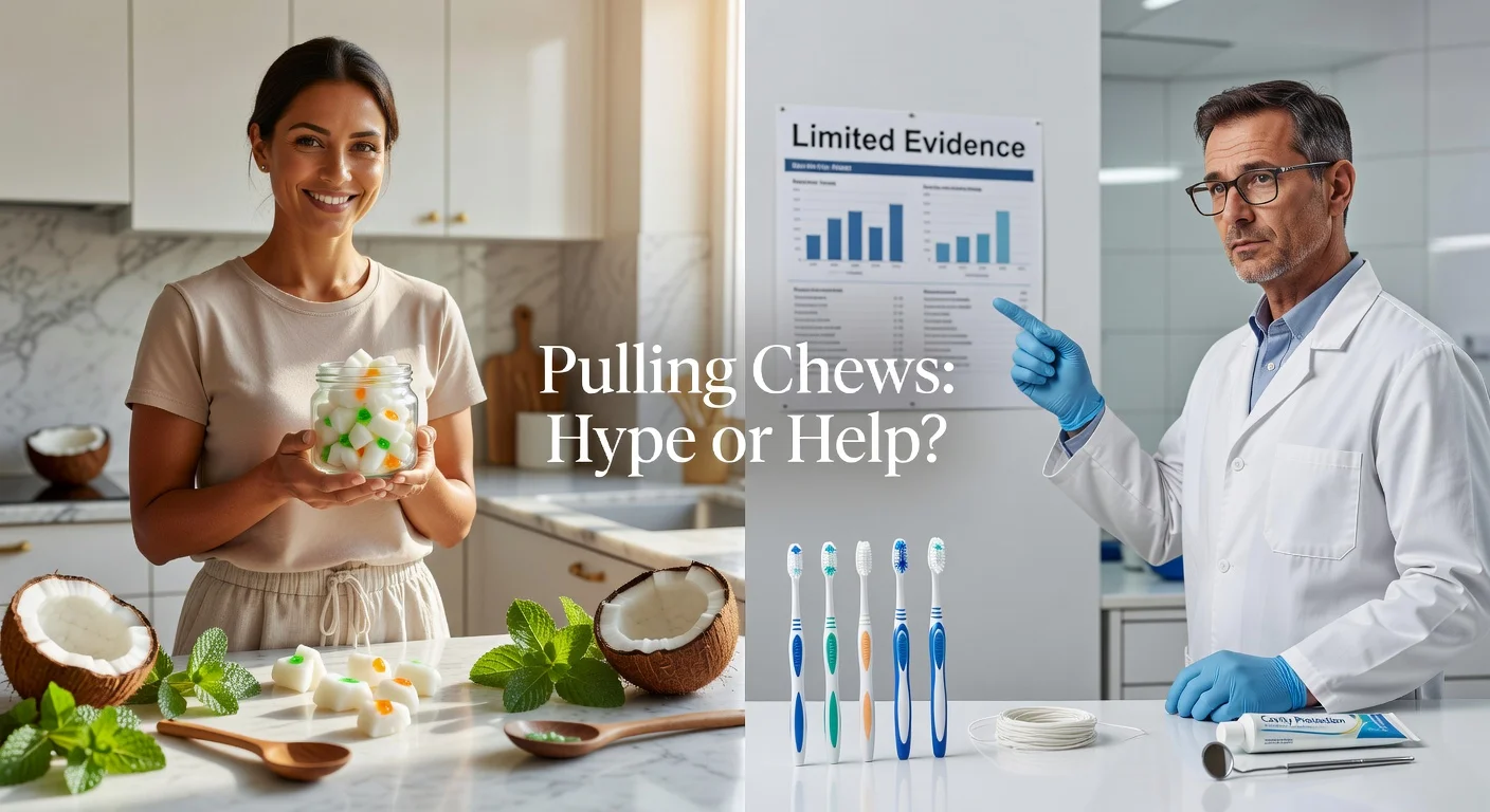 Split-image contrasting appealing homemade coconut oil pulling chews in a wellness kitchen with skeptical dental professionals and hygiene tools, illustrating limited evidence for oil pulling.