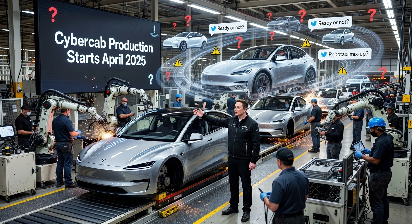 Photorealistic illustration of Tesla Cybercab production launch in factory, Elon Musk announcing amid robotaxi service confusion with Model Y in Austin.