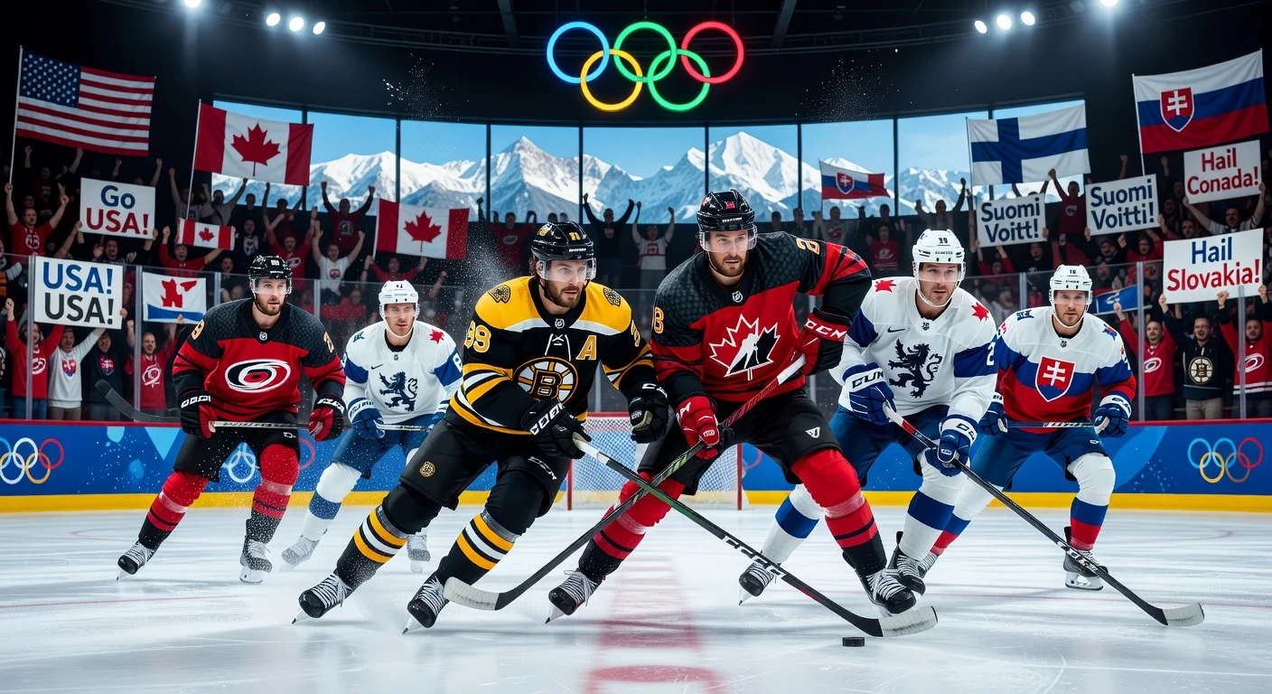 Dynamic photo illustration of NHL stars in Olympic men's hockey semifinals action with teams USA, Finland, Canada, and Slovakia competing intensely on the ice.