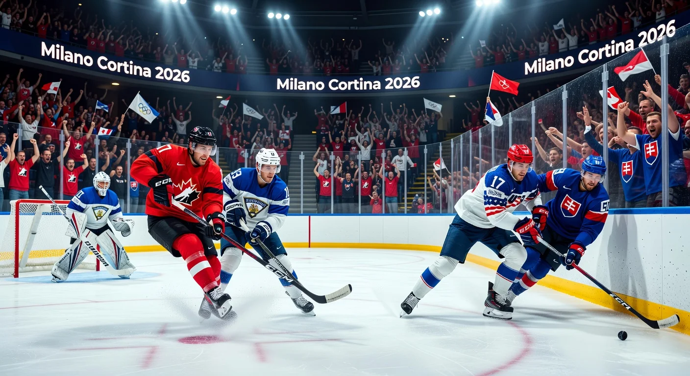 Dynamic split-image illustration of Olympic men's hockey semifinals: Canada battling Finland and USA facing Slovakia in intense rink action.