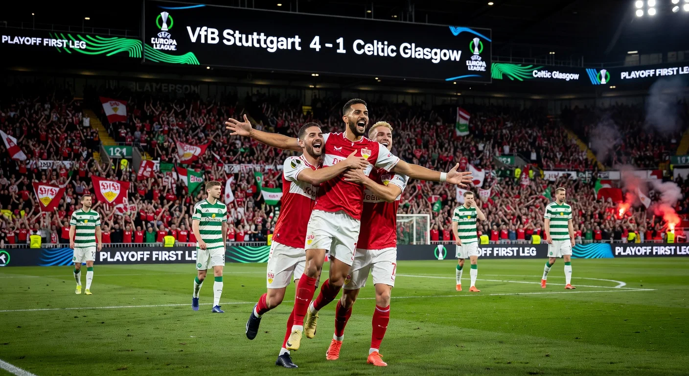 VfB Stuttgart players celebrate 4-1 Europa League win over Celtic Glasgow, with key scorers El Khannouss, Leweling, and Tomás in triumphant huddle amid stadium crowd.