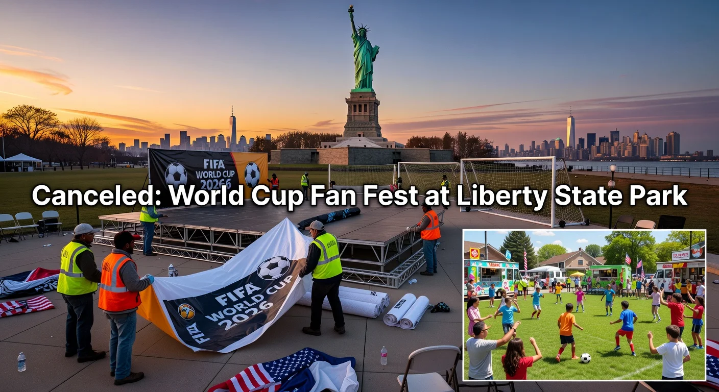 Liberty State Park scene showing dismantled World Cup fan fest amid NYC skyline, contrasted with inset of funded local community soccer events.