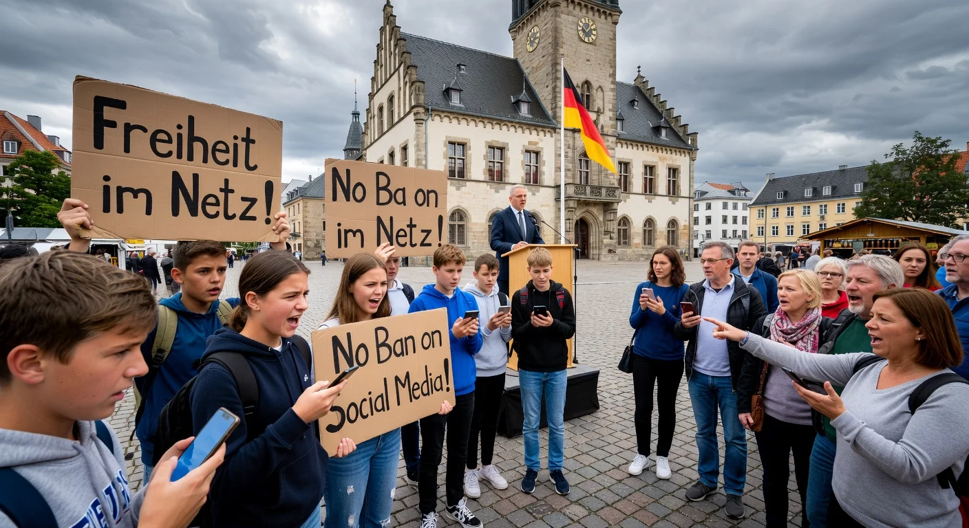 Illustration depicting a lively debate in Bad Segeberg on proposed social media ban for under-16s, featuring protesting youth, discussing parents, and supportive politician.