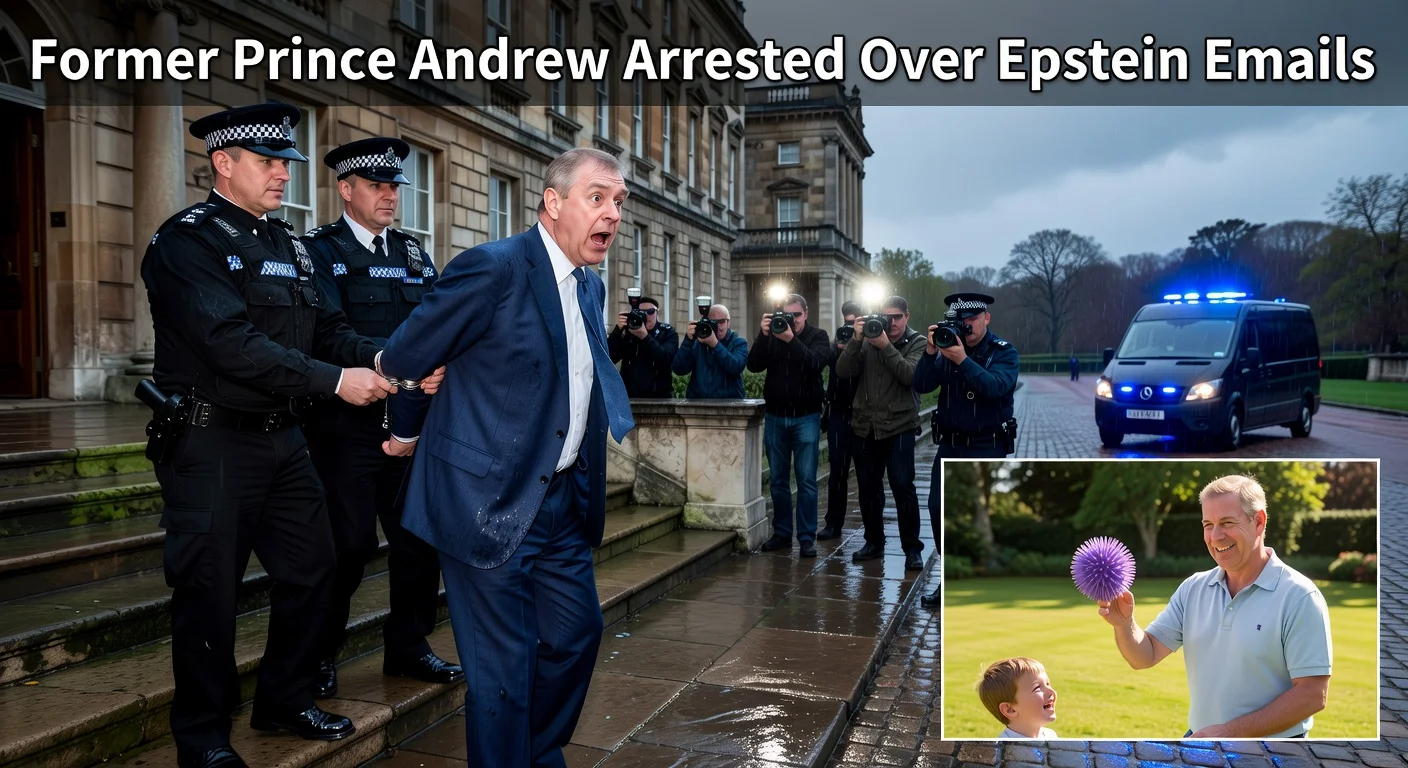 Illustration depicting former Prince Andrew's arrest by police over Epstein-related emails, with inset 2011 photo of him playing with a child.