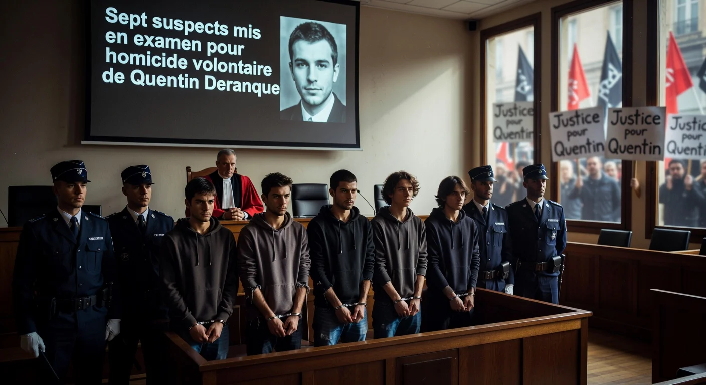 Courtroom illustration depicting seven suspects charged with homicide in the death of Quentin Deranque in Lyon, France.