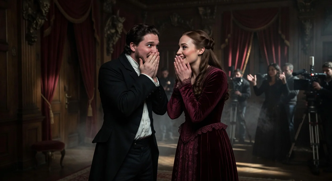 Kit Harington and Sophie Turner gagging awkwardly after a kissing scene on the set of horror film 'The Dreadful'.